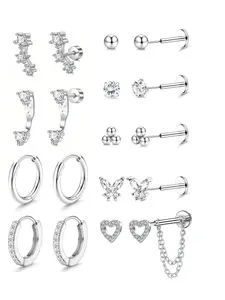 Threadless Flat Back Earrings Hypoallergenic - 9 Pairs 316L Stainless Steel Push in CZ Studs & Hoops Set for Women Men 14K Gold Plated Cartilage Tragus Helix Pierced Ring Nose Piercing Jewelry 20G