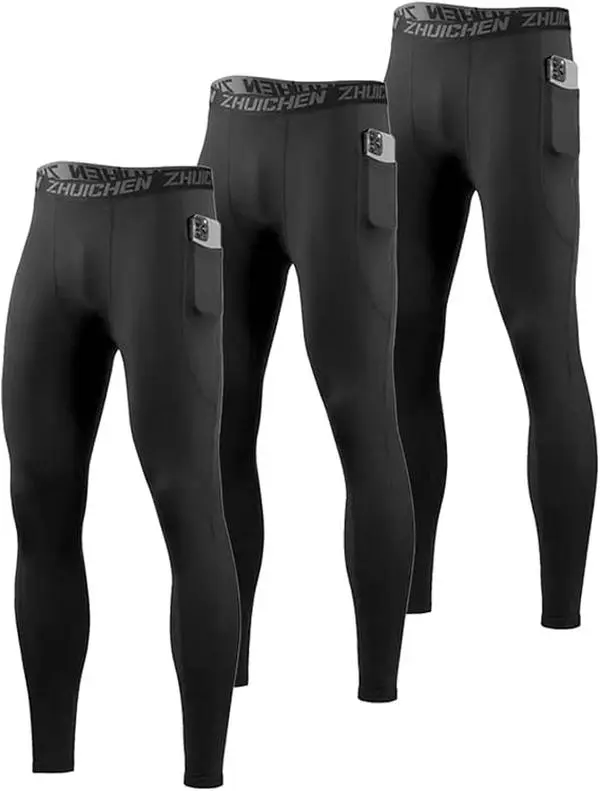 Men's 3-Pack Quick-Dry Compression Athletic Pants - Comfy Stretch Men's Sports Leggings, Breathable, Athletic Performance, Ideal for Outdoor Training, Running