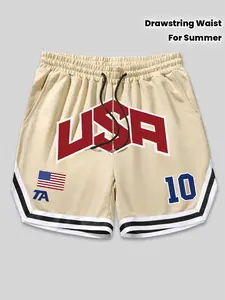 Unisex "USA #10" Retro Basketball Shorts - Bold USA Print & American Flag Beige Drawstring Waist Shorts, Soft Breathable Mesh Loose Fit Casual Athletic Shorts for Men Women Teens, Versatile Streetwear for Daily Wear, Gym, Beach and Vacation