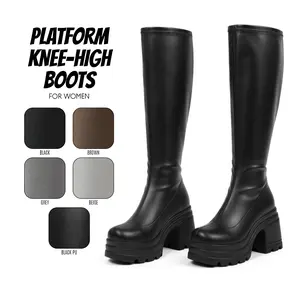 Womens Knee High Sock Boots Stretch Knit Platform Boot Round Toe Chunky Block Heel Easy Pull On Party Work Casual Warm Comfy Outdoor Walking Streetwear Evening Nightout Trendy Footwear for Spring Summer Fashion Long Tall Dressy Shoes