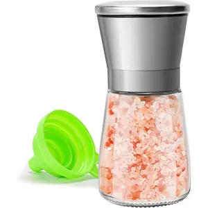 Manual Salt or Pepper Grinder for Professional Chef, Best Spice Mill with Stainless Steel Cap, Ceramic Blades and Adjustable Coarseness, Refillable Glass Body with 6OZ Capacity
