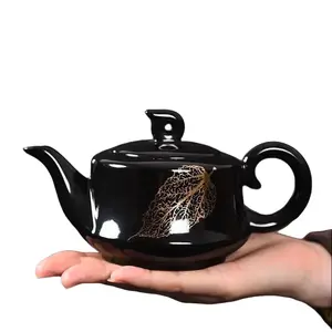 Luxury Handcrafted Jianzhan Teapot, Black Ceramic with Golden Leaf Art, Collectible Tea Gift Teacup Aesthetic