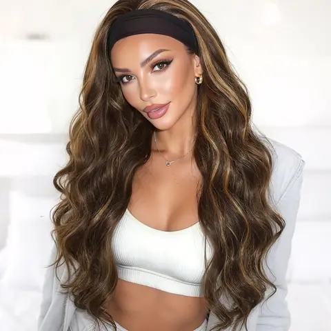 Long Body Wave Headband Wig mixed brown Highlight Blonde Color Natural Wave Headband Wig Glueless Headband Wigs Heat Resistant Synthetic Wavy Wig Synthetic Hair For Women Daily Life or Party Use No Glue Wig Synthetic Wavy Hairstyle