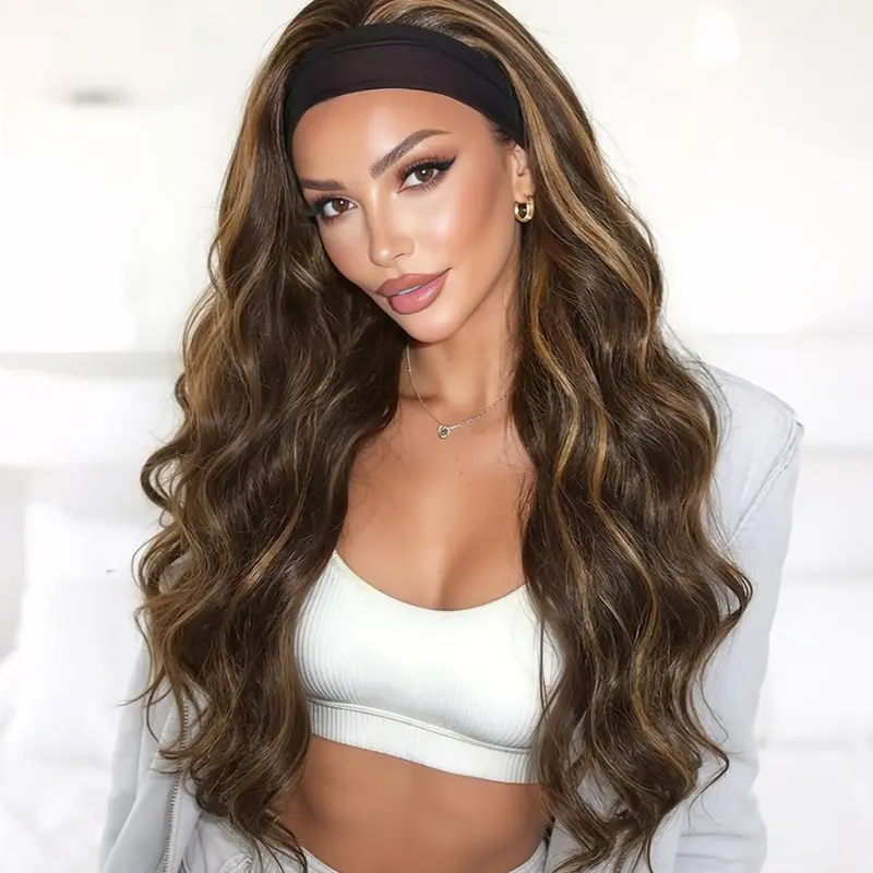 Long Body Wave Headband Wig mixed brown Highlight Blonde Color Natural Wave Headband Wig Glueless Headband Wigs Heat Resistant Synthetic Wavy Wig Synthetic Hair For Women Daily Life or Party Use No Glue Wig Synthetic Wavy Hairstyle