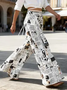 【Plus Size】 All Over Newspaper Print Pants, Casual Comfy Trousers for Daily Wear, Women's Bottoms for Spring & Fall, Casual Streetwear Trousers
