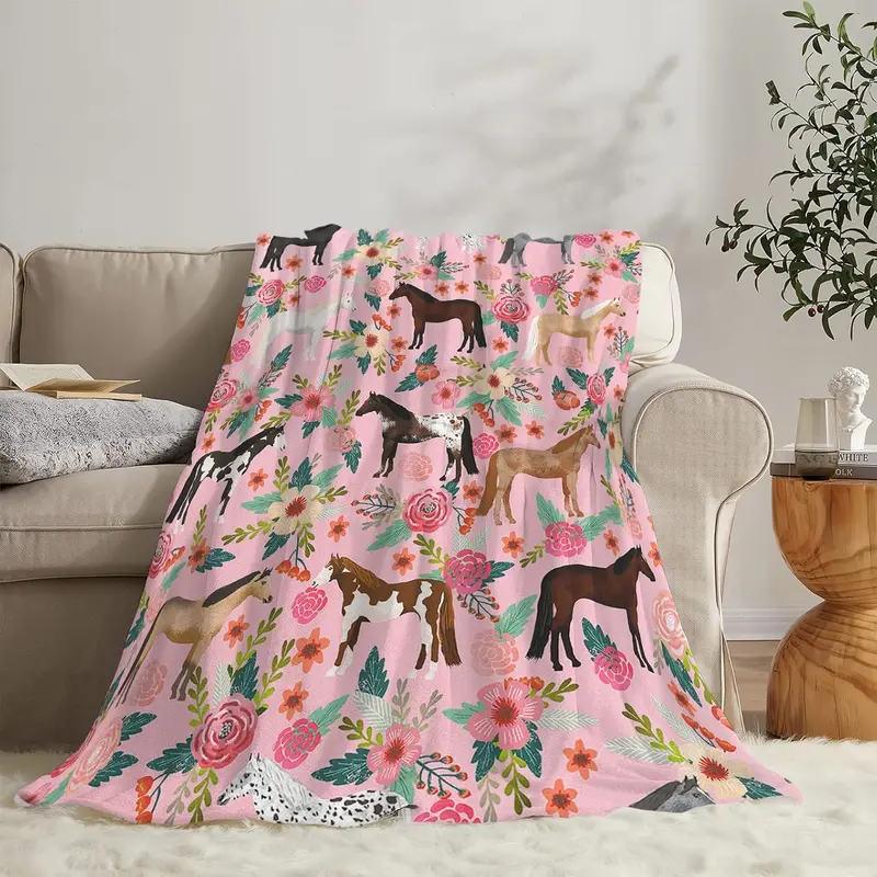 Horse Lovers Flannel Throw Blanket, Western Print, Soft Cozy Gift for Girls, Pink   Bedroom Couch   Holiday Travel Outdoor Decor, Birthday Present