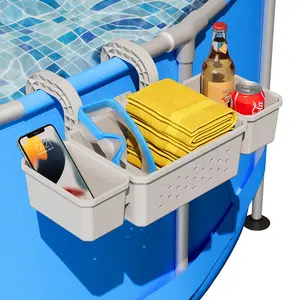 POOLHOUR Poolside Storage Basket with 2 Cup Holder, Stretchable Pool Toy Basket for Towels Beverages, Pool Accessories for Most Frame Above Ground Swimming Pools, Adjustable (1 Pack)