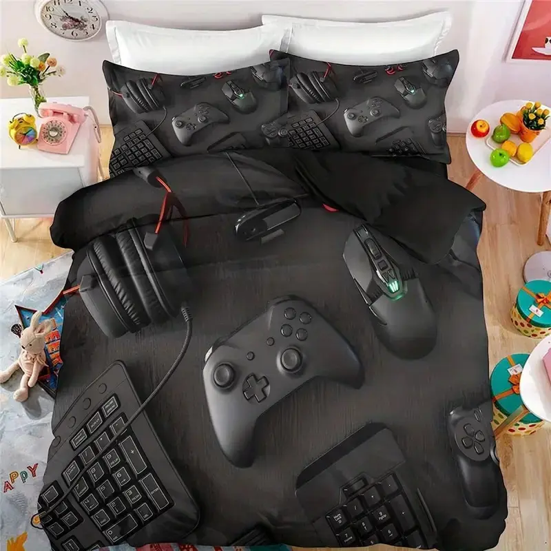 Modern Game Controller Print Set, 3 Piece (1 Duvet + 2 Pillowcases), Boys Teenage Gaming Bedding, Cool Bedding Set, Bedroom Bedding Set, Bed Sets Supplies, No Quilt Included