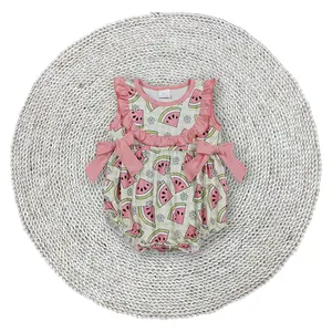 Little Baby Girls Summer Watermelon Bows Bib Ruffle Round Neck Bodysuits Rompers Soft Stretchy Snaps Bubbles