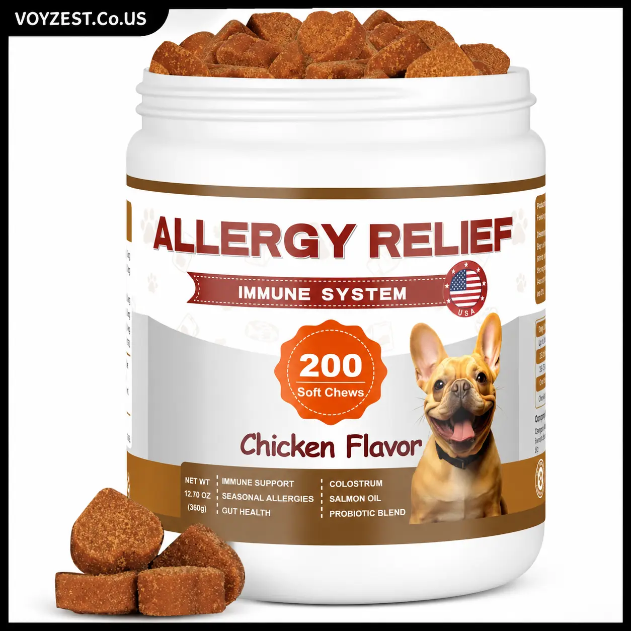 Dog Allergy Support Chews, Colostrum & Probiotic Supplement with Salmon Oil, Supports Healthy Skin, Coat, Immune Function and Daily Wellness, Chicken Flavor, 200 Count