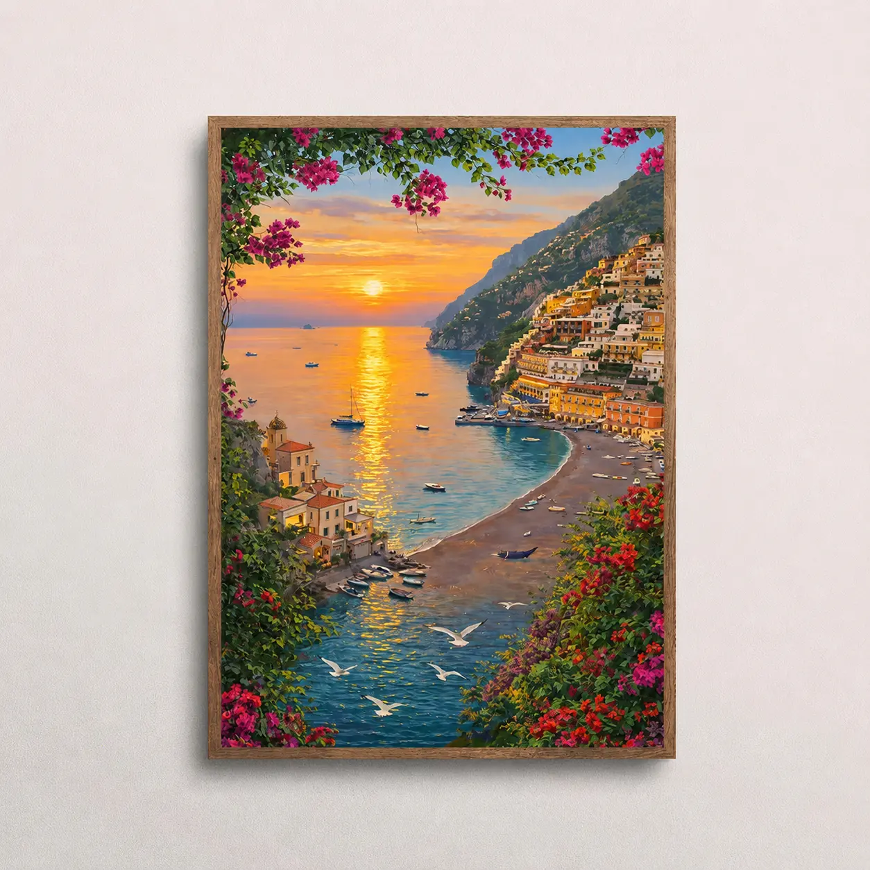 Positano Amalfi Coast Italy Seascape with Bougainvillea and Sunset View Poster