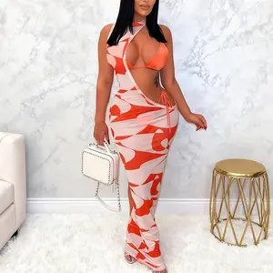 Echoine 3 Piece Swimsuits for Women Sexy Bikini Set Beach Cover Up Print Cut Out Halter Sheer Mesh Maxi Dress Bathing Suits