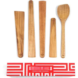 5- Acacia  Utensil Set,  Wooden Kitchen Tools with Tapered Edges, Heat-Resistant, For Non-Stick Frying Pan, Cast Iron Skillet, Flat Spatulas, Scraper  Spoon Set