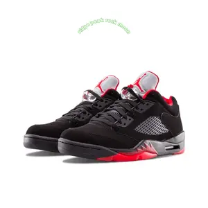 Black Nubuck Leather Low-Top Retro Basketball Shoes with Silver Reflective Tongue and Red Flame Pattern