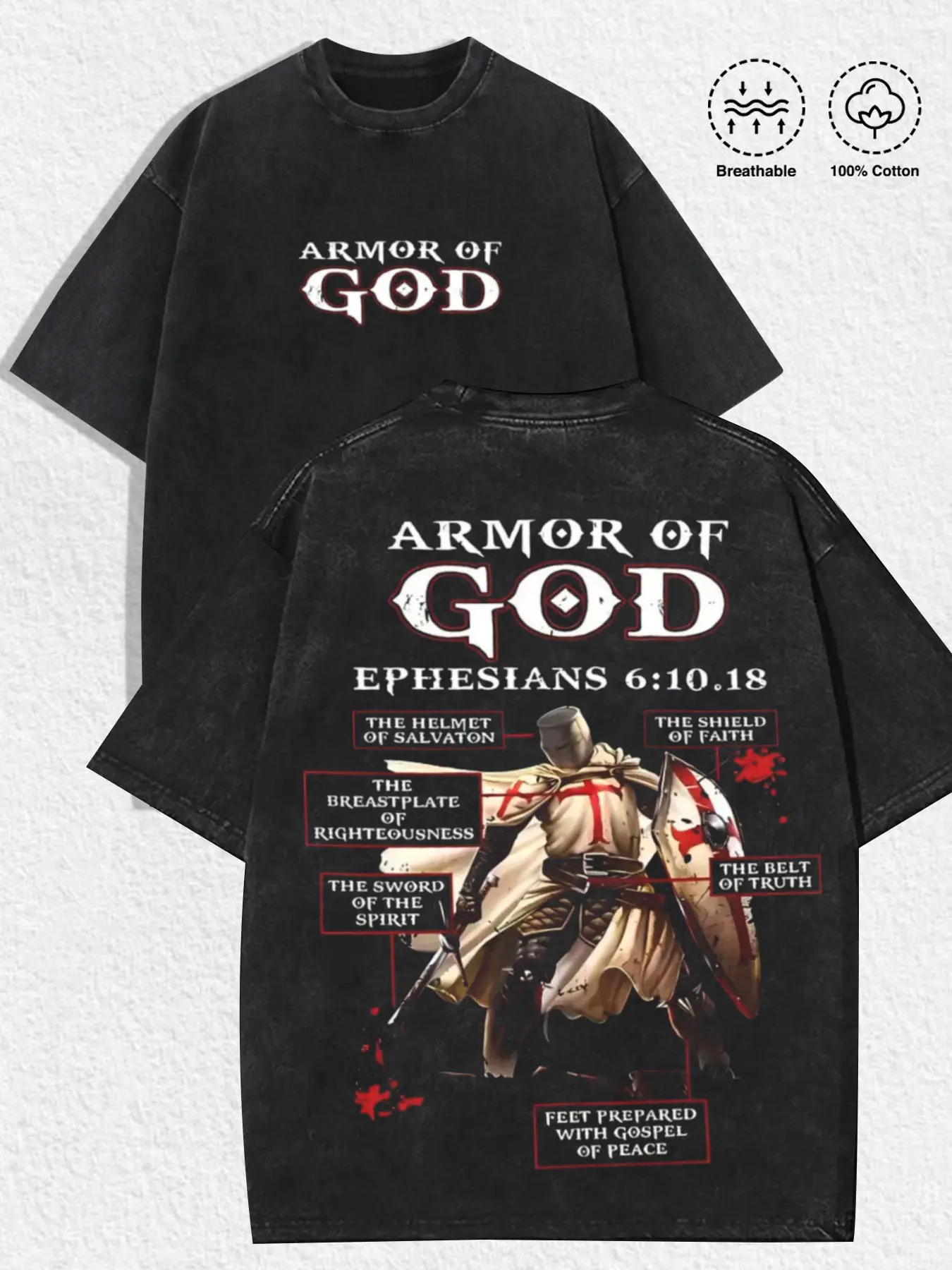 1 PCS Armor Of God Ephesians 6:10-18 Templar Knight Front Slogan & Back Full Armor Of Faith Distressed Graphic Print, Vintage Gothic Christian Warrior Religious Streetwear, Breathable Unisex Tee For Faith Believers Casual Daily Outfit