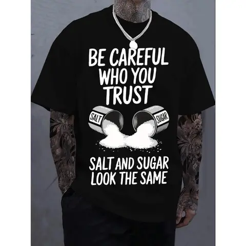 Men's Short Sleeve Graphic T-Shirt - 'Salt & Sugar' Printed Text, Round Neck, Soft Loose-Fit Unisex Menswear Top, Minimalist Streetwear Edge, Easy Vibe, Foldable for Casual Everyday Wear, 1XL