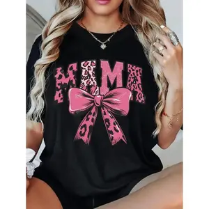 Women S Oversized Loose Fit Graphic Tee Black Pink Leopard Spot Mama Bow Design Soft Stretch Crew Neck Short Sleeve Casual T Shirt All Season Comfort graphic tees
