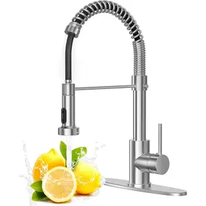 Brushed Nickel Kitchen Faucet with Pull Down Sprayer, Stainless Steel Spring Commercial Kitchen Sink Faucet with 10-Inch Deck,1 or 3 Hole Installation for Farmhouse, RV Camper, Laundry & Utility Sink
