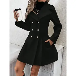 Plus Size Women’s Solid Double-Breasted Pocket Overcoats/Jackets, Casual Long-Sleeve Lapel-Neck Outerwear for Autumn and Winter, Women’s Everyday Wear, Women’s Clothing, Cute Tops