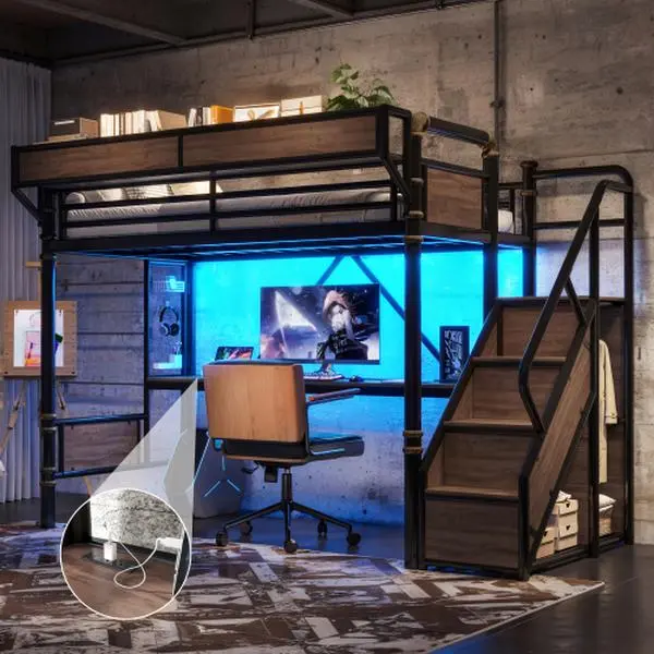 【Bellemave】Twin/Twin XL / Full/Queen  Size Industrial Metal Loft Bed with Built-in Desk & Power Outlet, LED Strip, Metal Loft Bed Frame with Pegboard & Mesh Storage Baskets, Storage Stairs with Wardrobe, Black