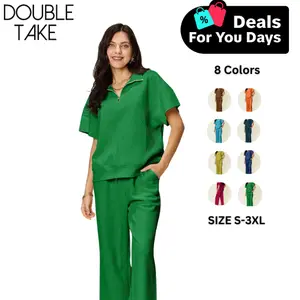 Double Take Full Size Texture Half Zip Short Sleeve Top and Pants Set Clothing Womenswear