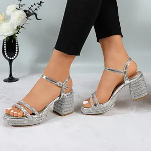 Women's Platform Heeled Sandals Sparkly Glitter Bling Rhinestone 3.14-inch Chunky Block Heel Strappy Girl Ankle Strap Sexy Square Open Toe Footwear Summer Casual Dressy Shoes for Party Wedding Daily Wear DB