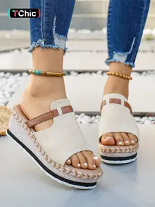 Women Espadrille Wedge Slides Canvas & Faux Leather Open Toe Slip On Braided Platform Summer Casual Sandals