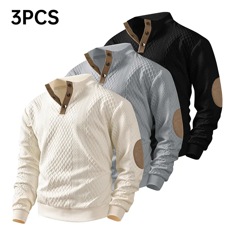 Men’s 3-Pack Minimalist Casual Athletic Jacquard Knit Sweatshirts - Men's Clothing, Snap Button Neckline, Stand Collar, Long Sleeves, Stretchy Fabric - Khaki+Gray+Black Plain Tops