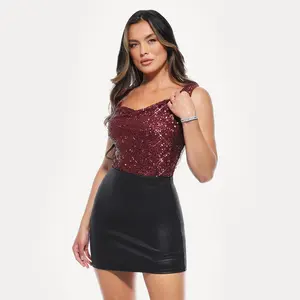 Popilush Burgundy Sequin Sweetheart Neckline Spaghetti Strap Fitted Party Bodysuit Casual Adjustable
