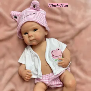 Reborn Baby Doll 13 Inch 33 cm Full Body Soft Silicone Realistic Newborn Girl Doll with Pink Hat and White Outfit