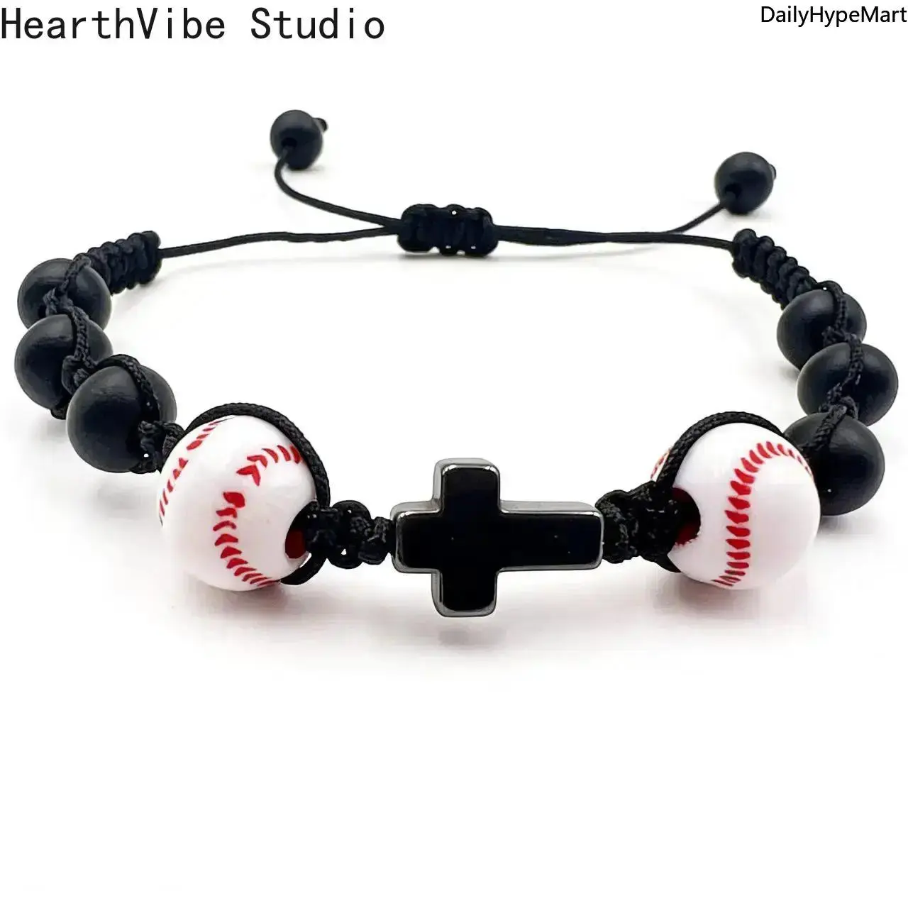 Unisex HearthVibe Studio Braided Wrist Bracelet - Fashion Cross Bangle, Black Frosted Beads, Baseball Polyester Beads, Daily Casual Jewelry, Anniversary Gift