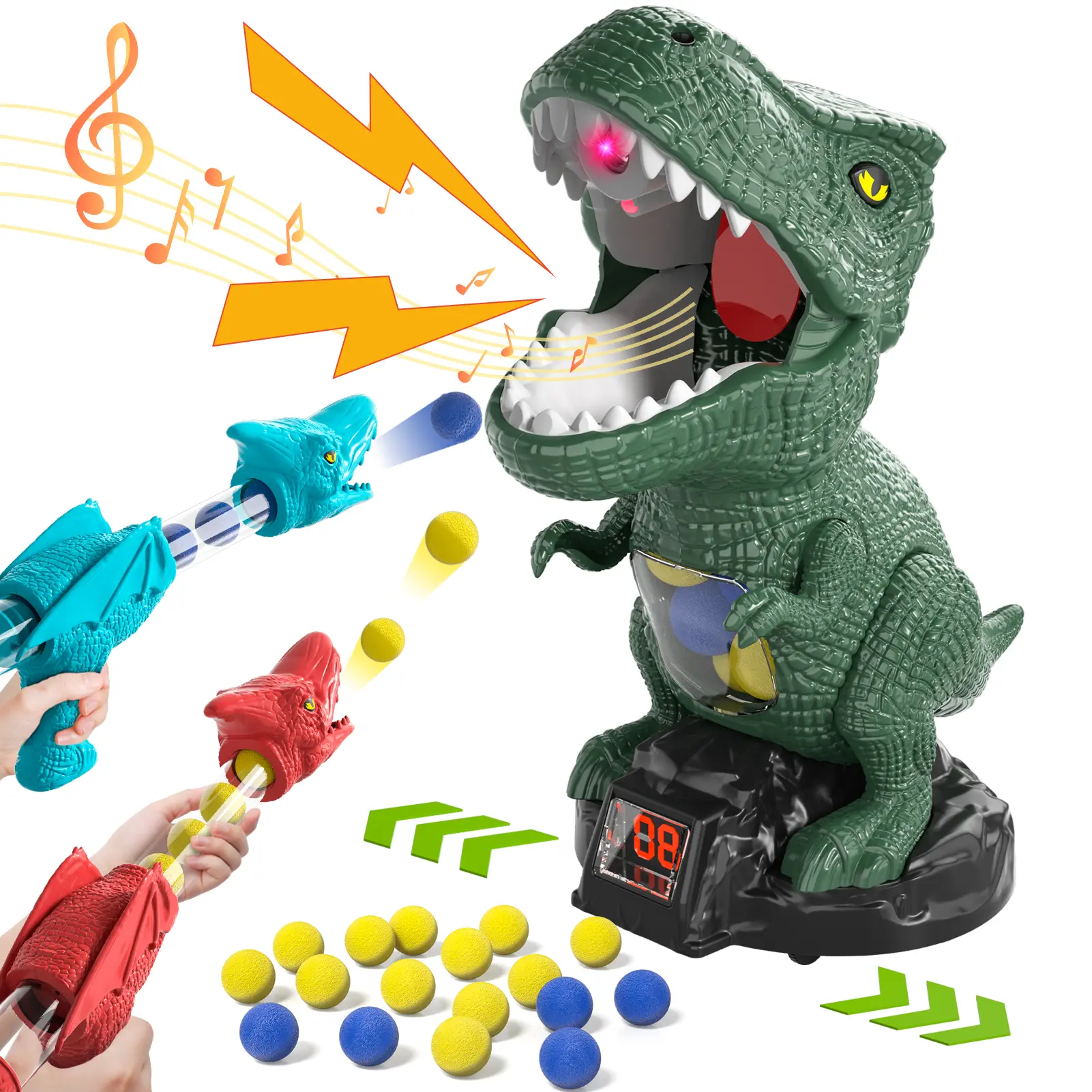 Unisex Dinosaur Shooting Toy Set - Polypropylene Sports Indoor/Outdoor Game with 1 x Movable Dinosaur Target, 2 Air Pump Blasters, 48 Foam Balls, 24 x Blue Foam Bullets, Score Recorder, LED Lights, Sound Effects, Steam Roar