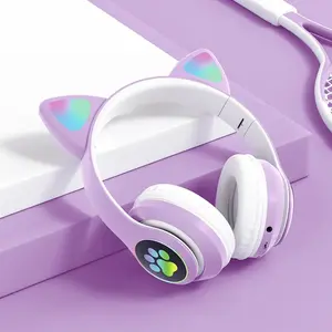 Flash Lamp Cute Cat Ears Headphone Bluetooth5.0 Stereo With Mic Support TF Card Wireless Kids Girl Earphone Birthday Gift
