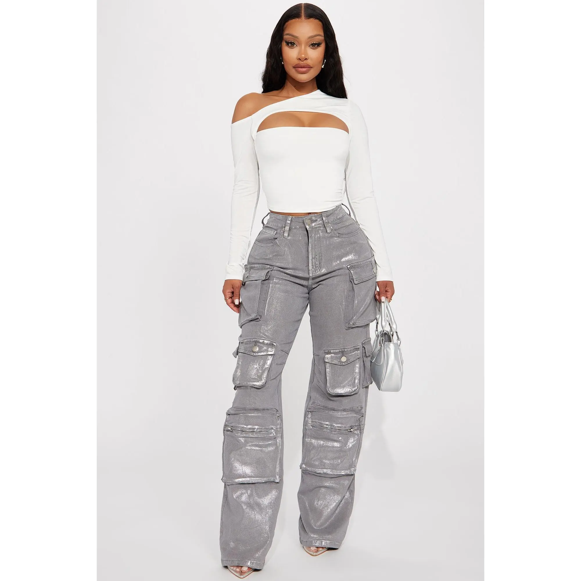 Time To Shine Foil Baggy Cargo Jeans - Silver Time To Shine Foil Baggy Cargo Jeans - Silver