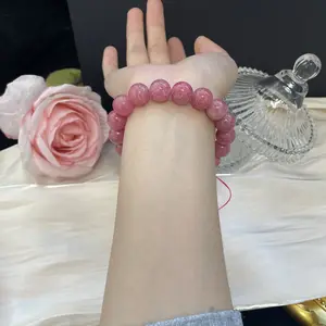 Natural Cherry Blossom Rain Rose Quartz Bracelet, Women's Jadehua Rose Quartz Round Bead Bracelet, Rose Quartz Pink Crystal Bracelet for Women