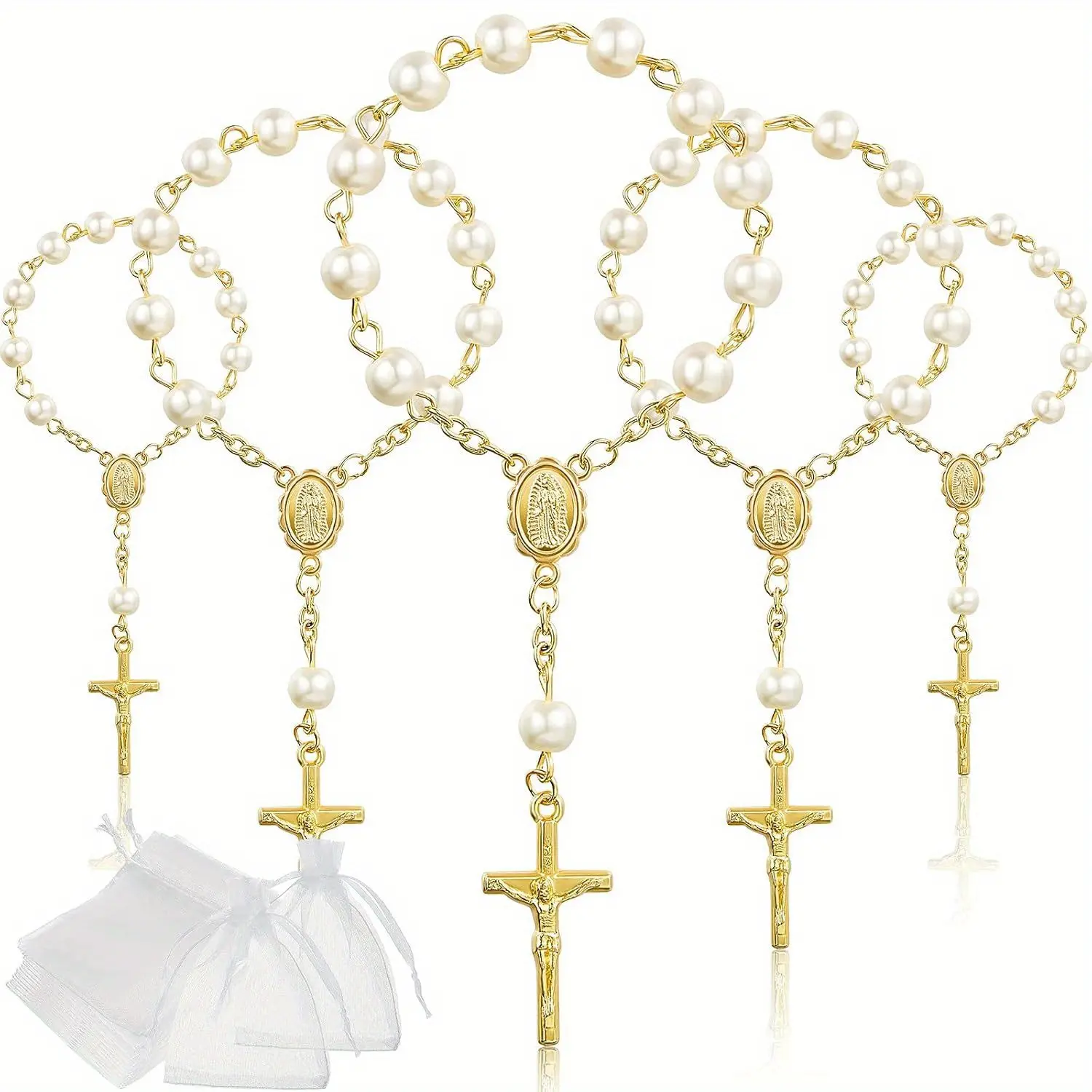 Beaded Keychain Set - 12 Sets of Golden Synthetic Round Beads with Pearl Accents (24 Pieces Each), Key Charms with Keyrings & Organza Bags, Gift Keychain for Wedding Gifts & Ceremony Party Favors