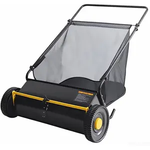 26 Inch Push Lawn Sweeper, Leaf and Grass Collector with 7 Cu.ft Mesh Bag, 4 Spinning PP Brushes, Durable Steel Construction, Adjustable Height & Rubber Tires for Yard Cleanup-Black+Yellow