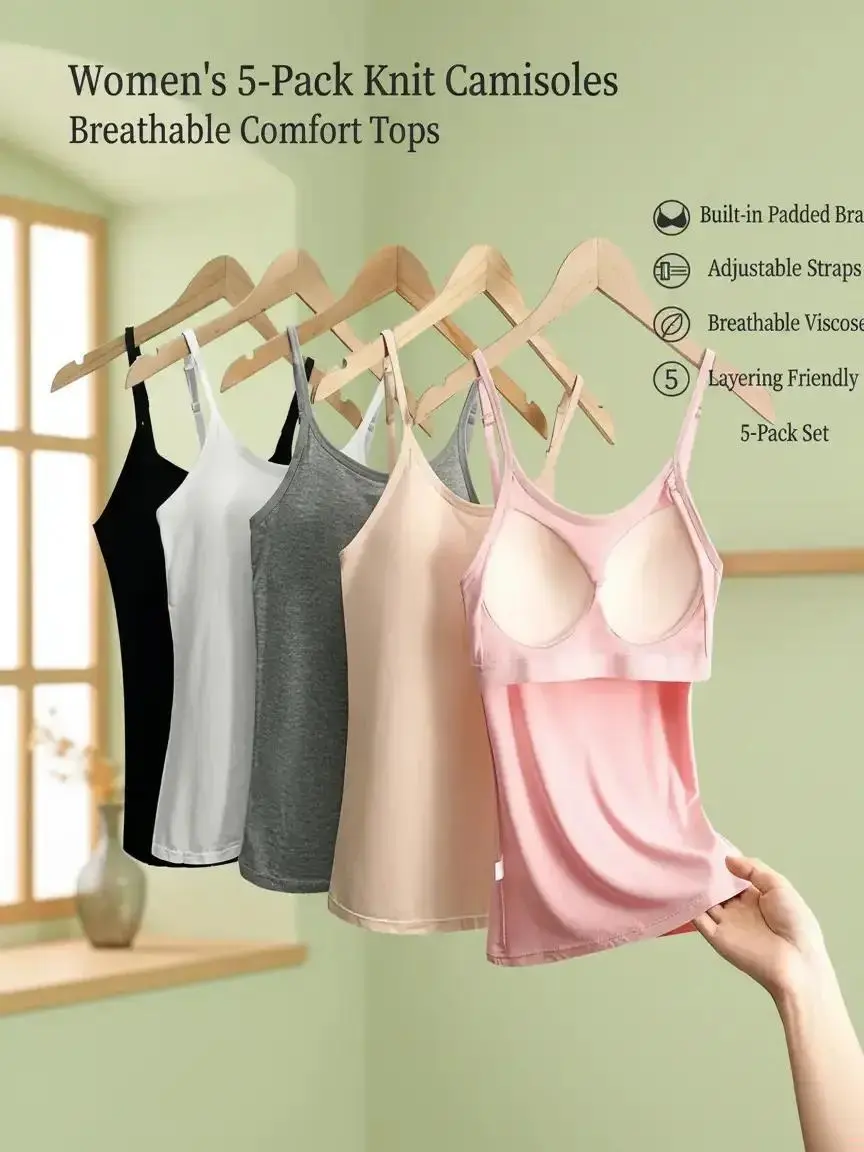Women's 5-Pack Casual Solid Knit Camisoles - Breathable Viscose Fabric Tank Tops with Built-in Padded Bra, Adjustable Spaghetti Straps for Layering | Women's Clothes Style Essential