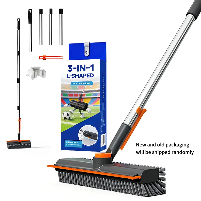 3-in-1 Stainless Steel Floor Scrub Bathtub Brush with Long Adjustable Handle - Bristle Scraper Broom, Water Broom, Rotating Head Scrubber-Squeegee Combo for Interior Household Items Bathroom Cleaning Glass Garage