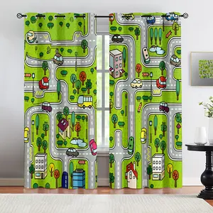 Cartoon City Road Map Print Curtains for Kids, 2 Panels Blackout Window Drapes with Grommets, Cute Car Traffic Pattern Room Darkening Curtains for Boys Bedroom Playroom Nursery, Decorative Window Treatment for Living Room