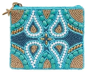 Mermaid Treasure Ocean Wave Essential Pouch Beaded Zip Card Case, Beaded Embellished, Multi-Function