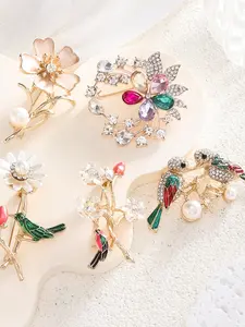 Floral Bird Theme Brooch Set, Elegant Enamel Rhinestone Pearl Craft, Natural Inspired Luxury Accessories, All Seasons Jewelry