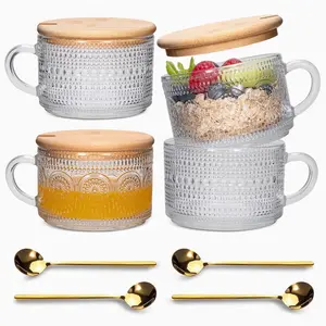 Vintage Coffee Tea Cups, 14 oz Glass Tea Coffee Mugs, Clear Embossed Glass Cups for Cappuccino, Latte,Cereal, Yogurt, Beverage