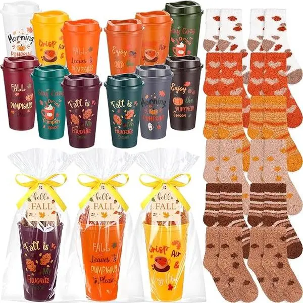 Fall 2026 Halloween Gift 12 Sets Fall Thanksgiving Gifts Bulk for Coworkers 16 oz Reusable Coffee Cup Fuzzy Socks and Card Sets