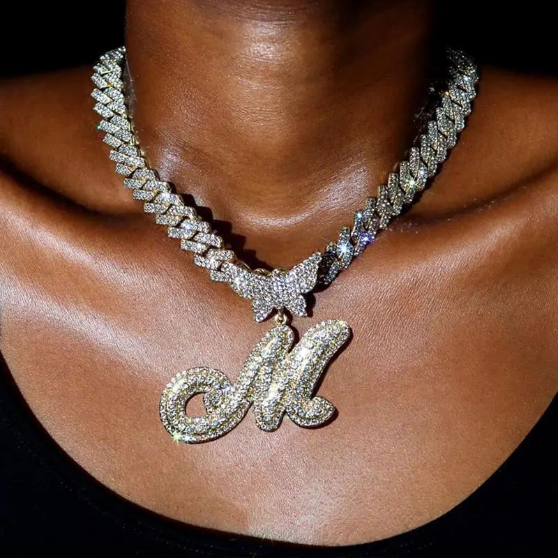 Women's 14MM Prong Cuban Link Chain with Cursive Silver Initial - Hip Hop Iced - Out Necklace, Personalized Butterfly Initial Letter Name Necklace Cubanchain Pendant Maximalist Jewelry Women's 14MM Prong Cuban Link Chain with Cursive Silver Initial - Hip Hop Iced - Out Necklace, Personalized Butterfly Initial Letter Name Necklace Cubanchain Pendant Maximalist Jewelry