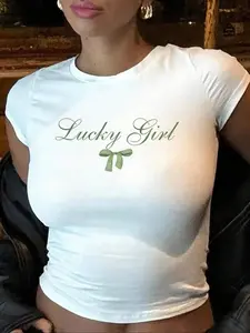 Women's Letter & Bow Print Round Neck Crop Tee, Casual Short Sleeve T-shirt for Daily Wear, Ladies Summer Clothes
