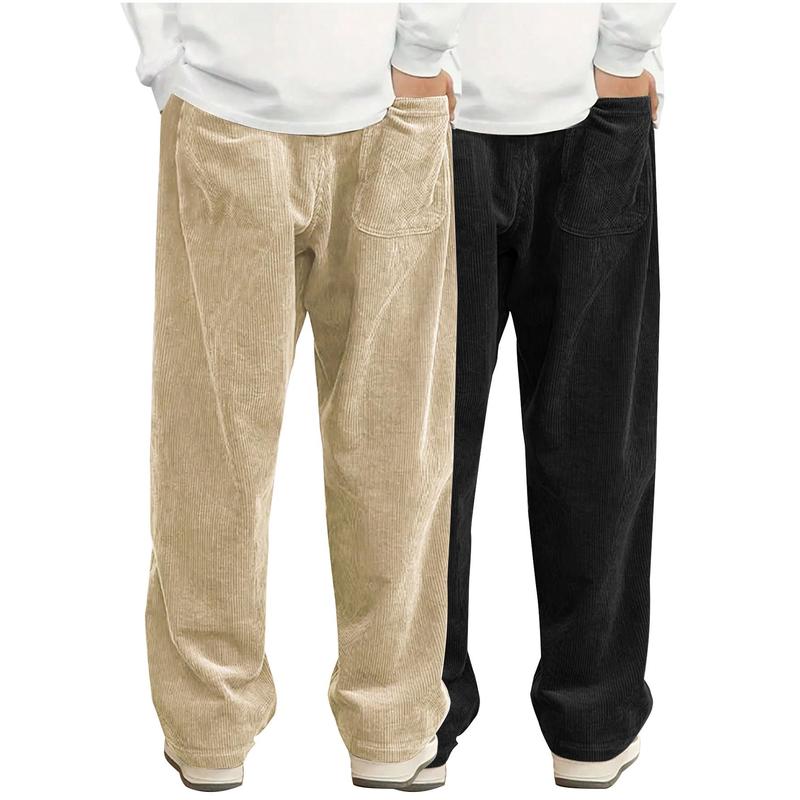 2pcs Men'S Casual Two-Tone Corduroy Pants, Men's Sweatpants Loose Fit, Vintage Texture, Comfortable Wear, Straight Leg, Mid Waist, Solid Color, Comfortable Leisurewear|Vintage Corduroy|Polyester Corduroy