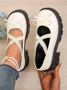 Women's Thick Sole Mary Jane Shoes, Plain Design Bow Detail PU Upper Material Rubber Sole, Spring & Fall Fashion Footwear