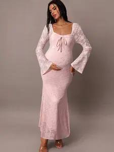 MaterniChic Elegant Party Solid Color Lace Bell Sleeve Fishtail Maternity Dress Maternity Gown For Photoshoot Long Sleeve Maternity Dress Pregnancy Dress For Photoshoot Baby Shower Maternity Dresses