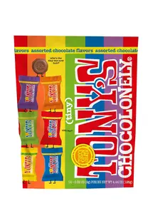 Tony’s Chocolonely Assorted Chocolate Candy Pieces, Belgian Milk & Dark Chocolate, Caramel Sea Salt, Almond Sea Salt, Honey Almond Nougat, Pretzel Toffee, Made From Quality Fairtrade Cocoa, 4.44 Oz